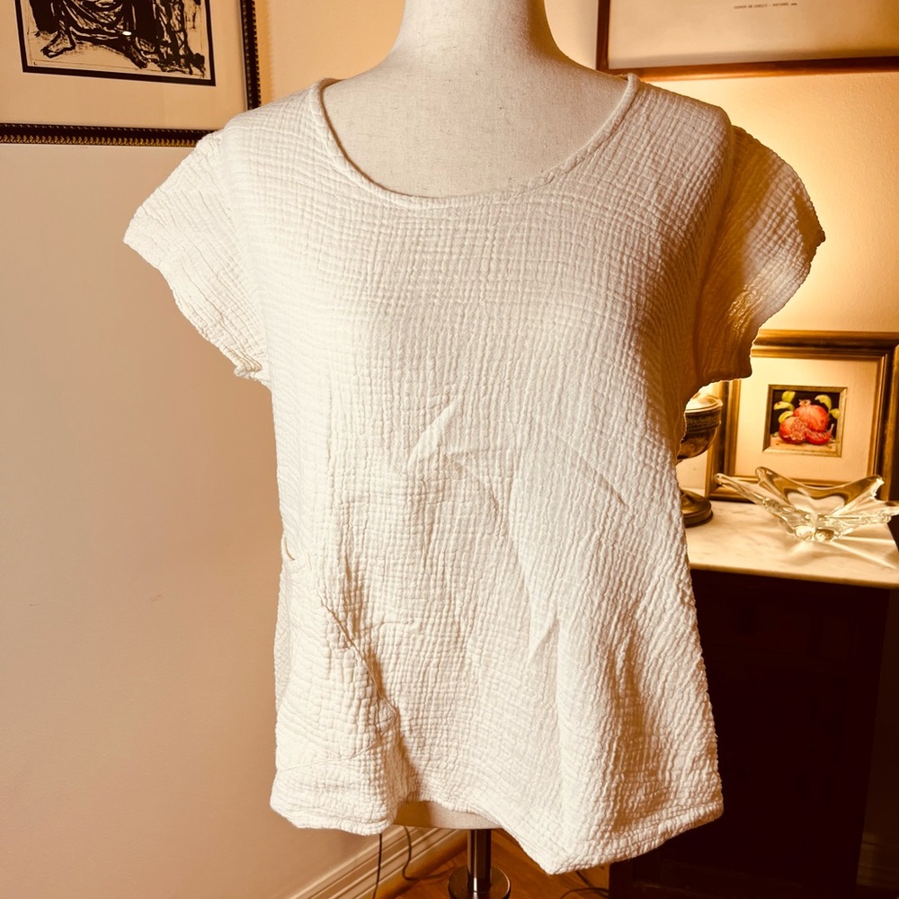 Sundance White Textured Cotton Gauze Boxy Top Medium Boho Coastal